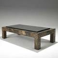 Paul evans mixed metal patchwork cocktail table with slate top unmarked 16 12 x 60 x 30