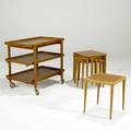 Danish modern teak bar cart together with six nesting tables tables marked made in sweden cart 26 14 x 30 x 20 14 tables 15 12 x 13 34 sq