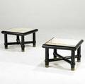 Italian modern pair of occasional tables with onyx tops and ebonized bases on brass feet 14 12 x 20 sq