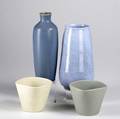Palshus blue bottle shaped vase together with blue bulbous stoneware vase and two tapering planters palshussigned and labeled denmark palshus 10 38 x 3 12 dia