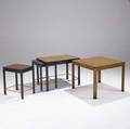 Edward wormley  dunbar set of three nesting tables in dark walnut with brass stretchers and sofa table in walnut with alumunim trim and rosewood feet both tables marked with rectangular brass dunba