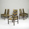 Edward wormley for dunbar set of five dining chairs with walnut frames and velour upholstery d tag 42 12 x 24 12 x 23 12