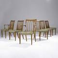 Edward wormley  dunbar early set of six bleached mahogany dining chairs two arm and four side with embroided fabric seat pads side chairs 35 14 x 19 12 x 18 34 armchairs 36 34 x 21 3