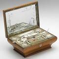 Satinwood sewing box motherofpearl sewing implements include scissors tape measure and thread winders 19th c 6 x 8 12 x 3 12
