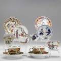 English porcelain grouping of six cups and saucers includes lowestoft new hall leeds worcester bengal tiger and liverpool all late 18thearly 19th c largest 3 x 5
