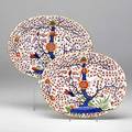 Pair of english oval platters imari style pattern possibly worcester late 18thearly 19th c 9 38 x 12 dia