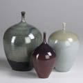 Stephen merritt three stoneware bottleshaped vases one with artists cipher tallest 10 x 6 x 6