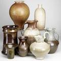Ted wilcox eight pieces of stoneware include five vase and three pitchers each with artists cipher tallest 15