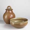 Val cushing stoneware covered jar and bowl 1986 each signed covered jar 15 x 11 x 11 bowl 6 x 14 x 14