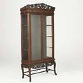 Asian china cabinet mahogany two door cabriole legs glass shelves 20th c 77 12 x 36 x 17