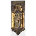 Santos figure altar backdrop polychrome painted decoration gilded highlights 18th19th c 39 x 15 12 x 4