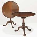 Two american tilt top tables mahogany birdcage style pie crust tops 20th c larger with kindel brass tag 29 x 34 12 dia