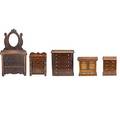 Five furniture miniatures empire with backsplash mirrored victorian chest two mahogany chests and edwardian chest with glass doors 19th20th c largest 18 x 11 x 31