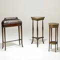 Furniture grouping triangleshaped marble topped stand with gallery top bronze trim together with a round top bronze mounted candlestand and small cylinder roll desk with gallery top 20th c 32 x