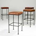 Frederick weinberg attr four faux bamboo bar stools with enameled steel bases and vinyl upholstery unmarked 30 12 x 16 12 sq
