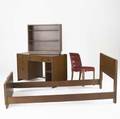 Gilbert rohde  herman miller bedroom suite in mahogany and burled maple consisting of a twin bed bookshelf desk and chair upholstered in burgundy leatherette herman miller hanging tag included wi
