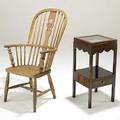 English windsor chair together with english mahogany night stand one drawer glass vitrine top 19th c chair 41 x 23 x 26