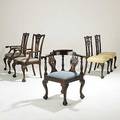 Five chippendale style chairs corner chair pair of side chairs and pair of armchairs 20th c ball and claw feet upholstered seats largest 42 x 30 x 24