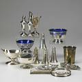 Fifteen sterling pieces six salt  peppers mint julep cup two leaf dishes magnifier and assorted sugars and creamers 20th c 2297 ot weighable silver tallest 5 14
