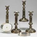 Six pieces of silver plate two pairs of telescoping candlesticks and a pair of miniature trays with galleries 19th20th c tallest 9