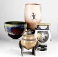 Studio pottery jeffrey zigulis terracotta vessel barry bernstein raku ceramic totem on stand robert carlson pierced bowl and michael buonaiuto raku covered jar each marked 14 x 7 12
