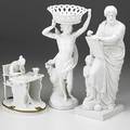 Three parian items royal copenhagen figure of st matthew winged figure carrying basket and lady sitting at desk 19th c tallest 12
