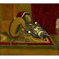 19th c animal painting oil on board of a monkey with cat framed 15 x 13