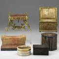 Decorative accents six pieces include three repousse boxes marble inkstand gilt metal base and handpainted pommade jar asis 19th20th c largest 6 38 x 5 38 x 4 34