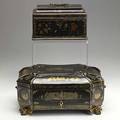 Two asian black lacquer boxes one fitted as a jewelry box the other a sewing box 19th c 13 12 x 9 x 5 34