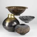 Nancy adamsrobert levine ceramics adams nemokami technique decorated bowl together with levine bulbous vase footed centerbowl and an ovoid vase each signed tallest 11 12 x 10 dia