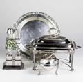 Elegant silver plated serving pieces five pieces 18801940 covered chafing dish on stand with burner by walker  hall sheffield caster set with four cut glass jars wood handle syrup pitcher in g