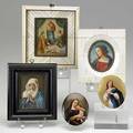 Five religious miniature paintings three on ivory two on porcelain 19th20th c largest 6 x 6 12