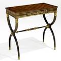 Parquetry top french table diamond inlay lyre base bronze mounts 20th c 27 x 15 14 x 27