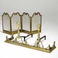 Fireplace accessories pair of empire style andirons foursection screen and fender one panel of screen 21 x 12
