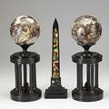 Decorative accents pair of bronze columned marble pedestals topped with marble spheres together with obelisk with pietra dura decoration 19th20th c tallest 15