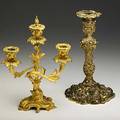 Candelabra dore bronze 3arm together with another gilded metal candlestick of rococo design taller 11 14