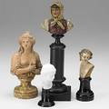 Four busts terra cotta and parian of women early composition figure polychromed woman on black pedestal base 19th20th c tallest 10 12