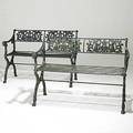 Garden furniture pair of cast iron benches rams head armrests paw feet 20th c 31 x 44 x 18 12