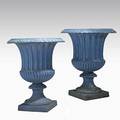 Garden decoration large pair of blue cast iron urns fluted sides 20th c 35 x 28 dia