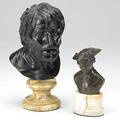 Two bronze busts bearded gentleman on marble base and french soldier 19th20th c taller 11