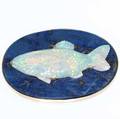 Carved opal fish brooch 14k ca 1970 bluegreen opal with redorange pinfire mounted as a trophy fish on opal lapis panel 1 38 x 2 298 gs gw
