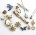 19th20th c jewelry fifteen pieces in gold gf or silver include english 18k pearl diamond and sapphire ring 14k heartshaped lapel watch on gf pin five gold pendants and a bracelet etc weighab