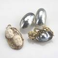 Jewelry in the asian style 14k yg four pieces include dragon motif broochenhancer with gray blister pearl and similar earrings 14k yg enhancer with ivory masks largest 2