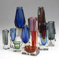 Mandruzzato eleven sommerso glass vases five with paper labels tallest 10 14 x 3 34