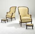 Louis xvi style pair of upholstered armchairs with walnut frames together with a pair of upholstered benches all 20th c chairs 45 12 x 29 x 32