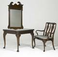 Traditional furniture three pieces include queen anne settee refectory square dining table and mahogany framed mirror table 30 x 35 sq