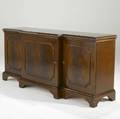 Baker mahogany credenza with bracket feet and three cabinet doors ca 1950 32 x 70 x 19 12