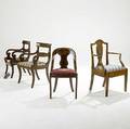 Chair grouping sheraton style armchair beidermeier side chair victorian rocker and two regency style arm chairs one in asis condition tallest 39 x 22 12 x 20