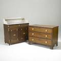 Traditional furniture three drawer dresser with brass pulls on bracket feet together with a marble top washstand 20th c washstand 41 12 x 39 12 x 18 12