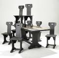 Gothic style tresle table and eight chairs probably cedar 20th c 30 x 84 x 29 12